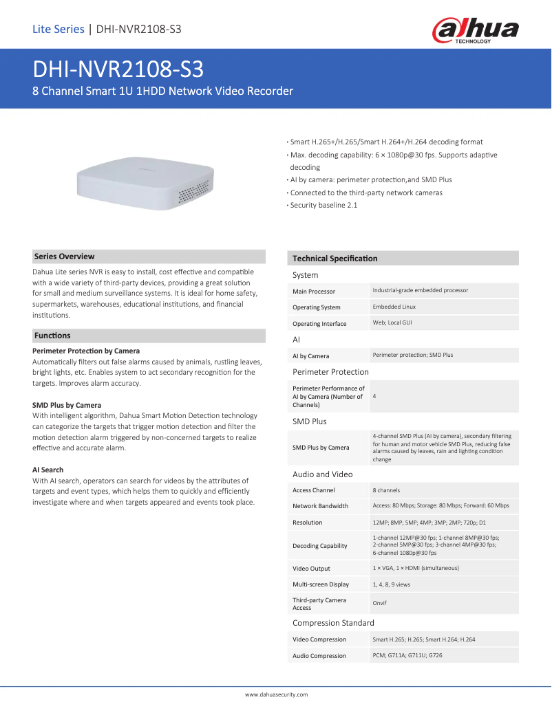Page 1 de la notice Fiche technique Dahua Technology NVR2108-S3