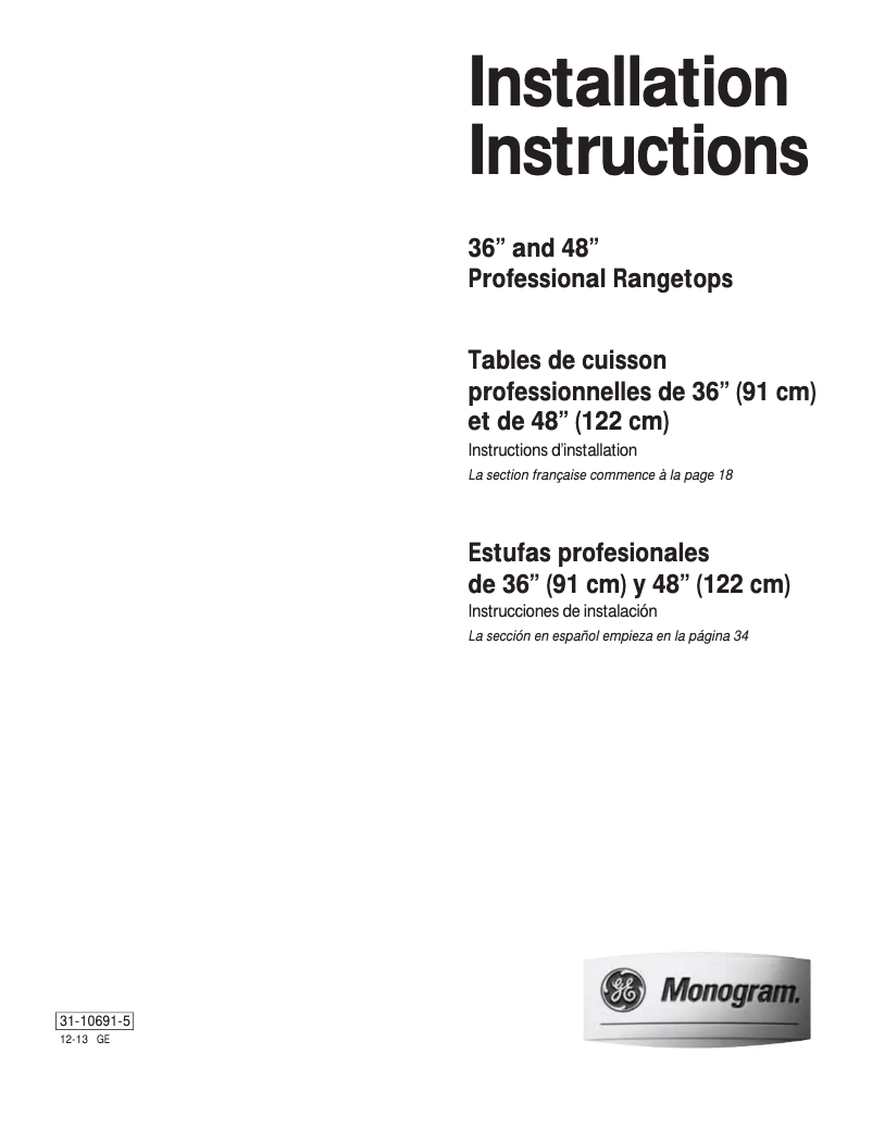 Page 1 de la notice Guide d'installation GE ZGU364LRPSS