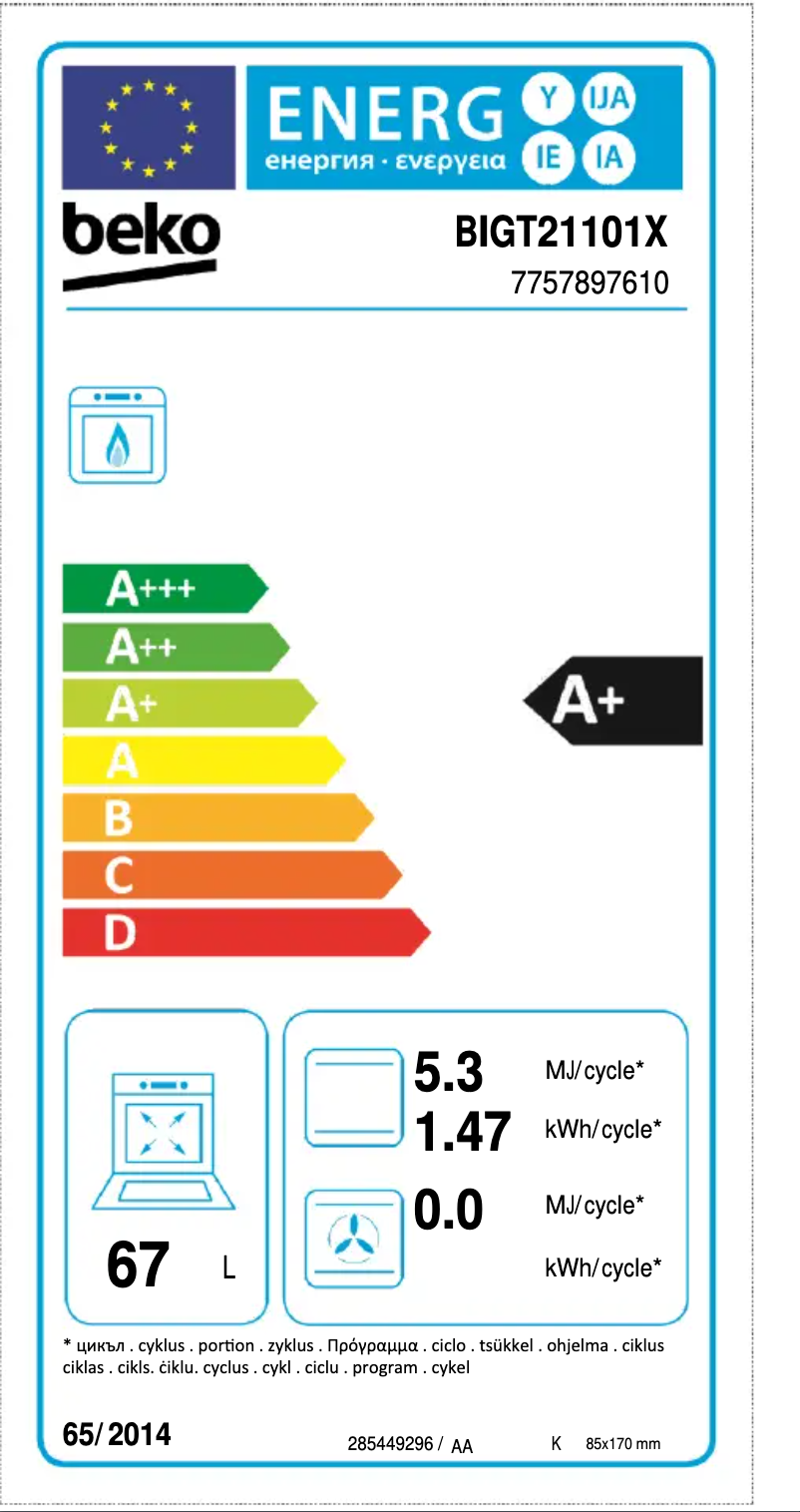 Page 1 de la notice Label énergétique Beko BIGT21101X