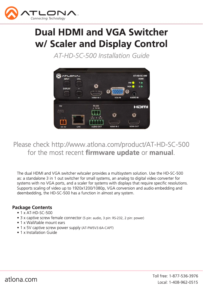 Page 1 de la notice Guide d'installation Atlona AT-HD-SC-500