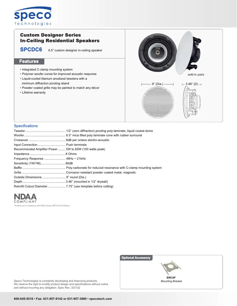 Page 1 de la notice Fiche technique Speco Technologies SPCDC6