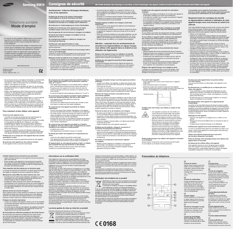 Page 1 de la notice Manuel utilisateur Samsung S5611