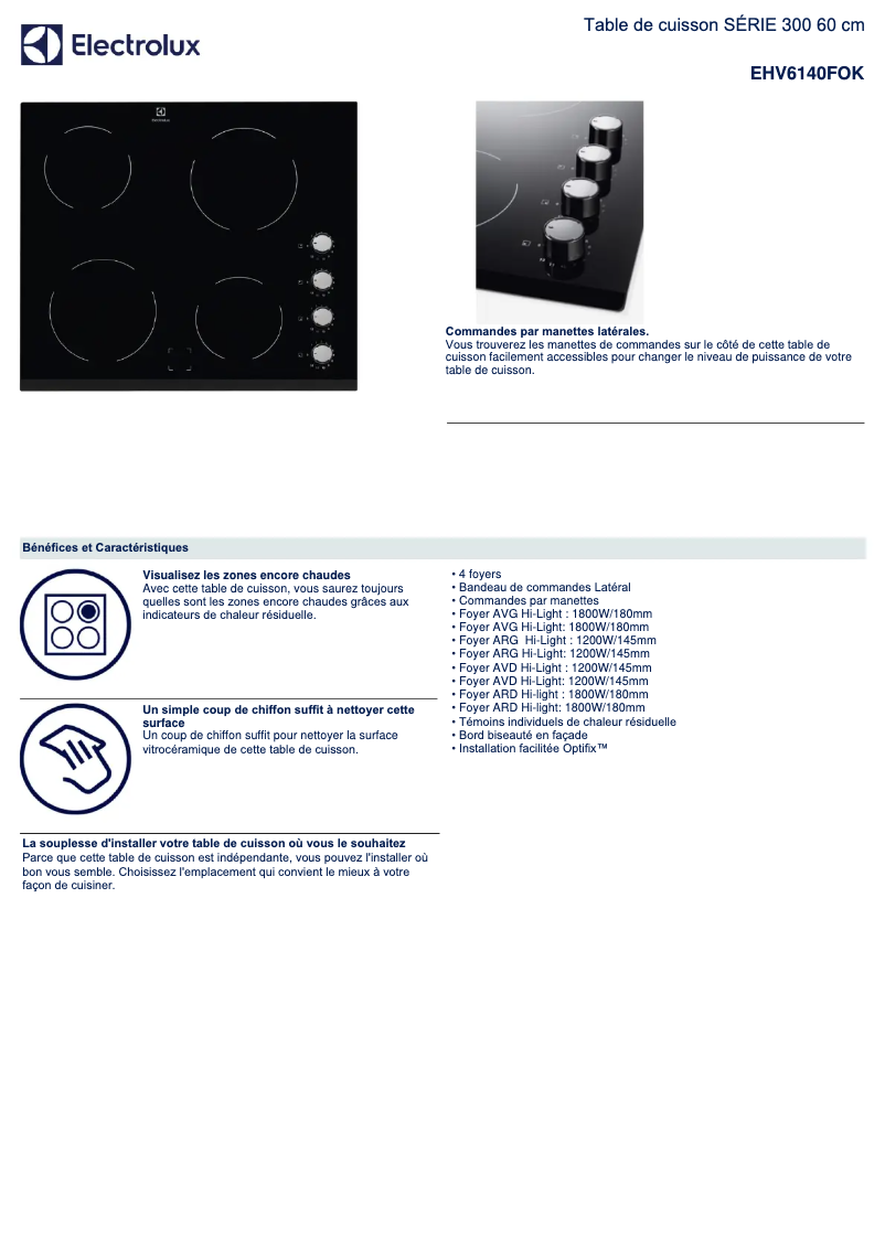 Page 1 de la notice Fiche technique Electrolux EHV6140FOK