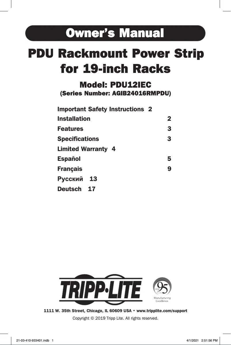 Page n°1 - Manuel utilisateur Tripp Lite PDU12IEC