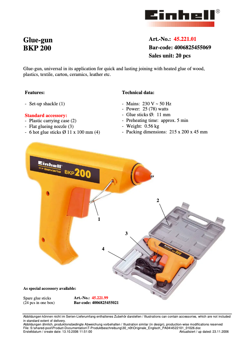 Page 1 de la notice Fiche technique Bavaria by Einhell BKP 200