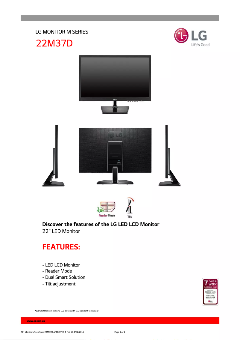 Page 1 de la notice Fiche technique LG 22M37D