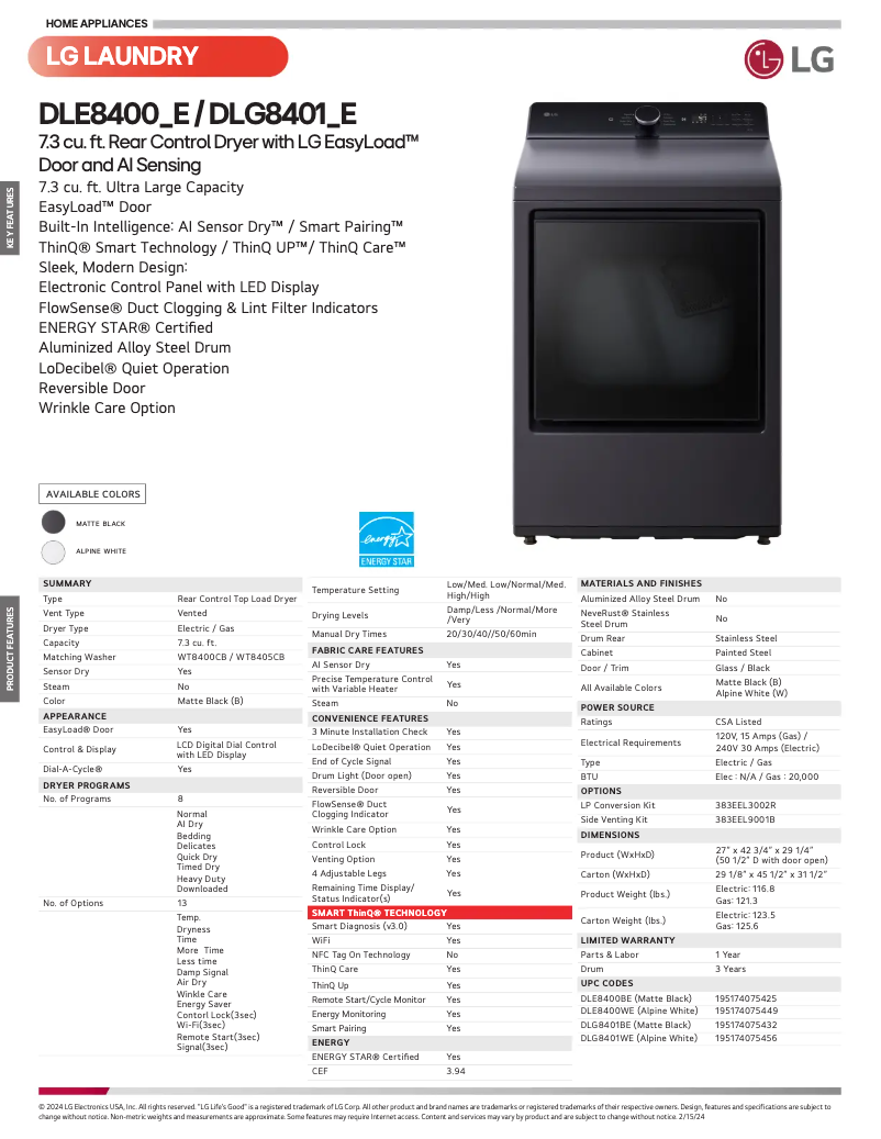 Page 1 de la notice Fiche technique LG DLE8400WE