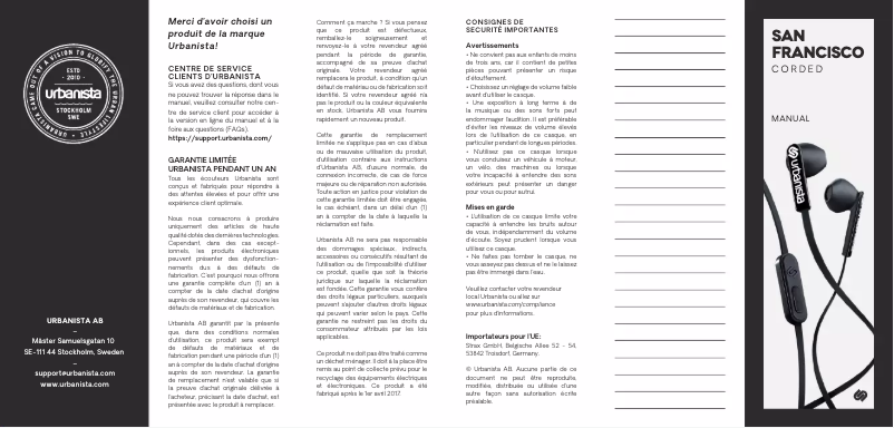 Page 1 de la notice Manuel utilisateur Urbanista San Francisco