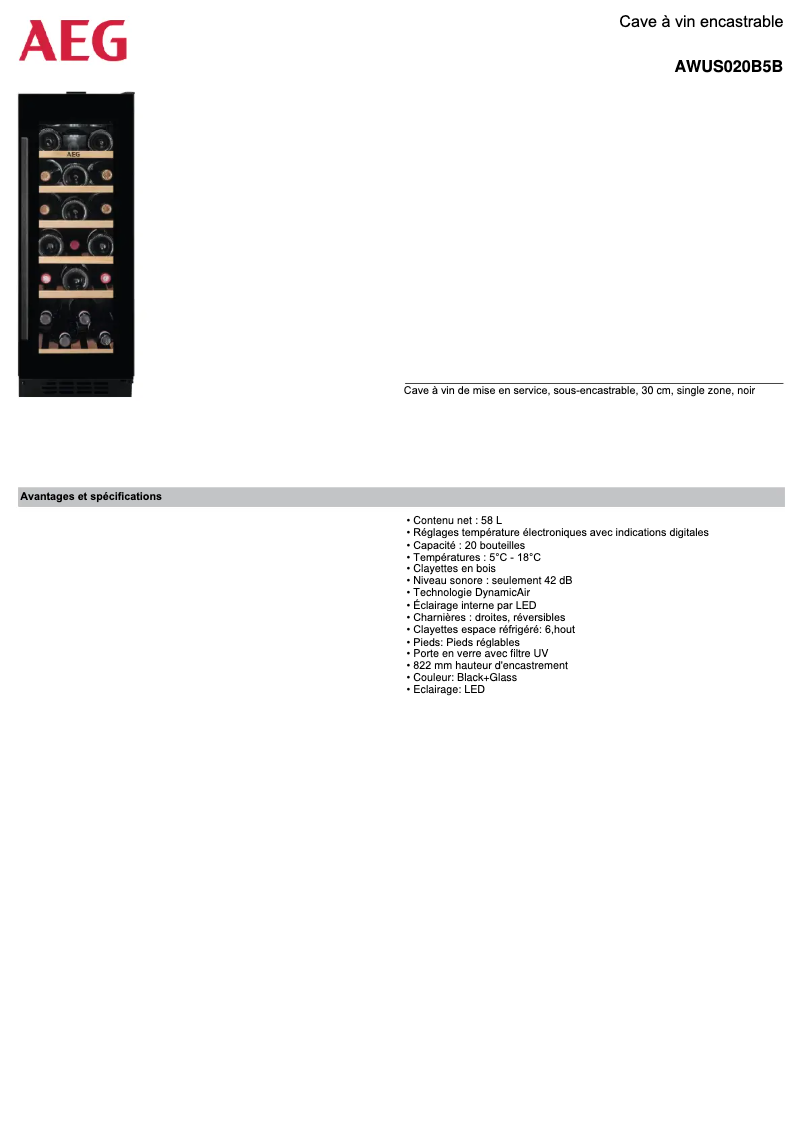 Page 1 de la notice Fiche technique AEG AWUS020B5B