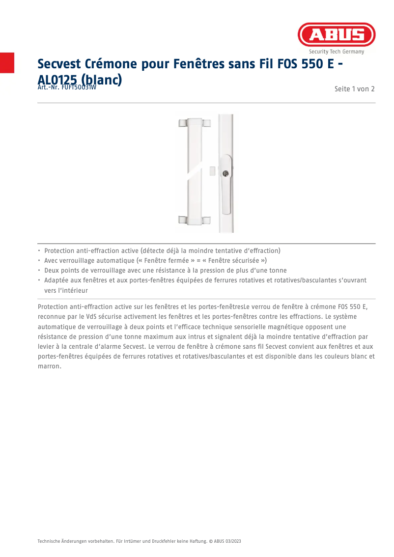 Page n°1 - Fiche technique Abus FUFT50031W