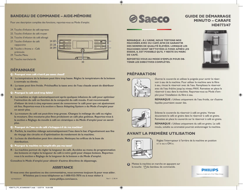 Image de la première page du manuel de l'appareil Saeco Minuto HD8773
