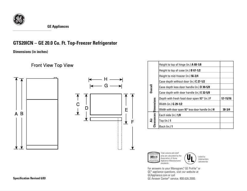 Page 1 de la notice Fiche technique GE GTS20ICNCC