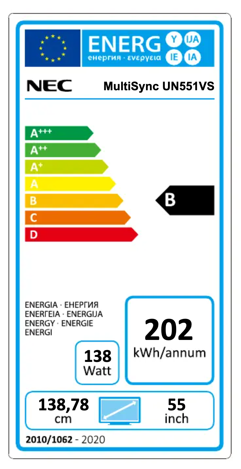 Page 1 de la notice Label énergétique NEC MultiSync UN551VS