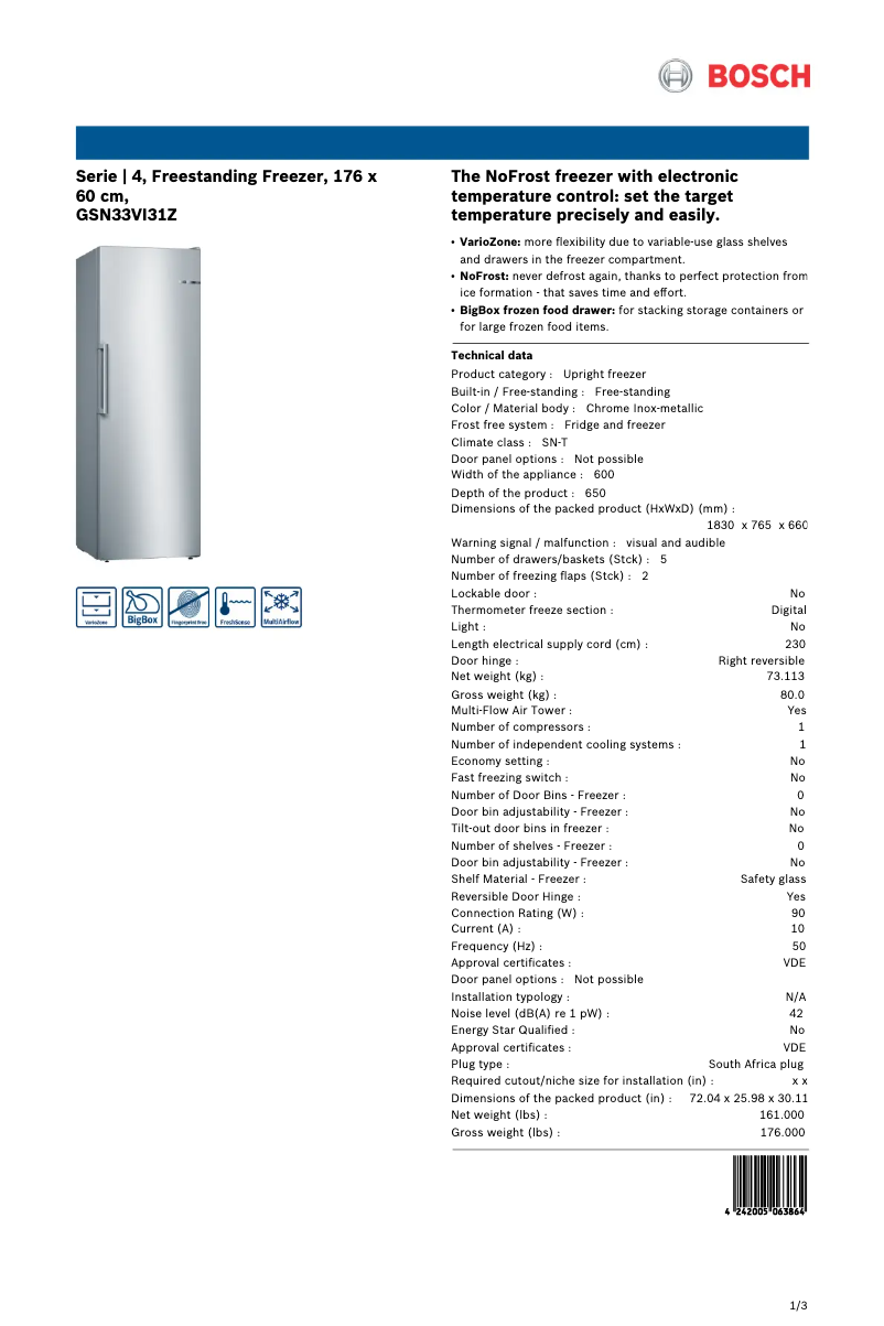 Page 1 de la notice Fiche technique Bosch GSN33VI31Z