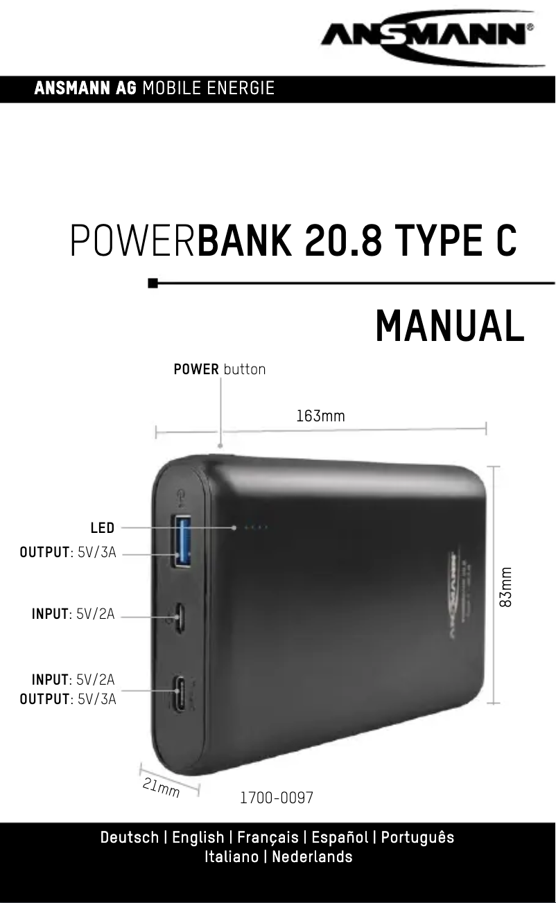 Page 1 de la notice Manuel utilisateur Ansmann Powerbank 20.8