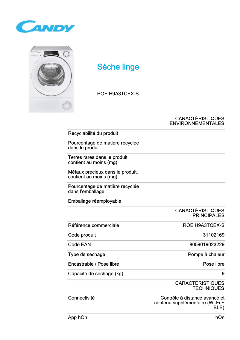 Page 1 de la notice Fiche technique Candy ROE H9A3TCEX-S