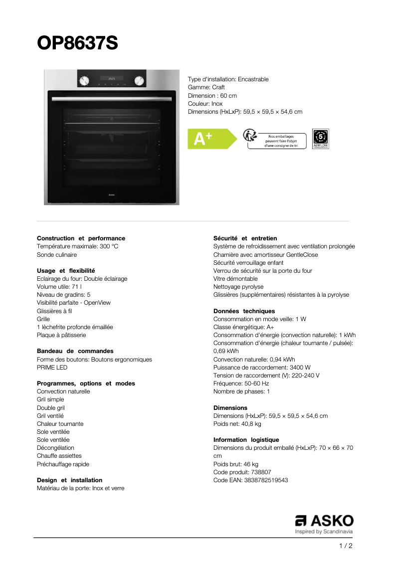 Page 1 de la notice Fiche technique Asko OP8637S