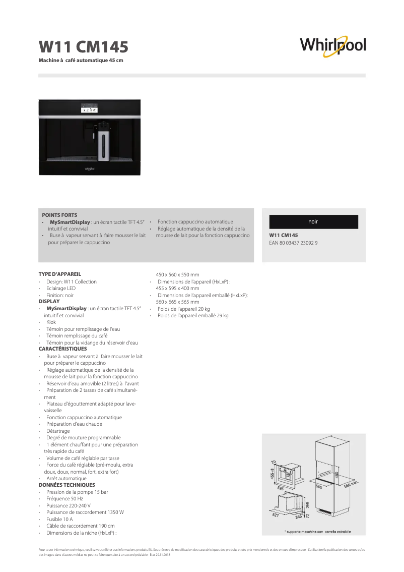 Page 1 de la notice Fiche technique Whirlpool W11 CM145