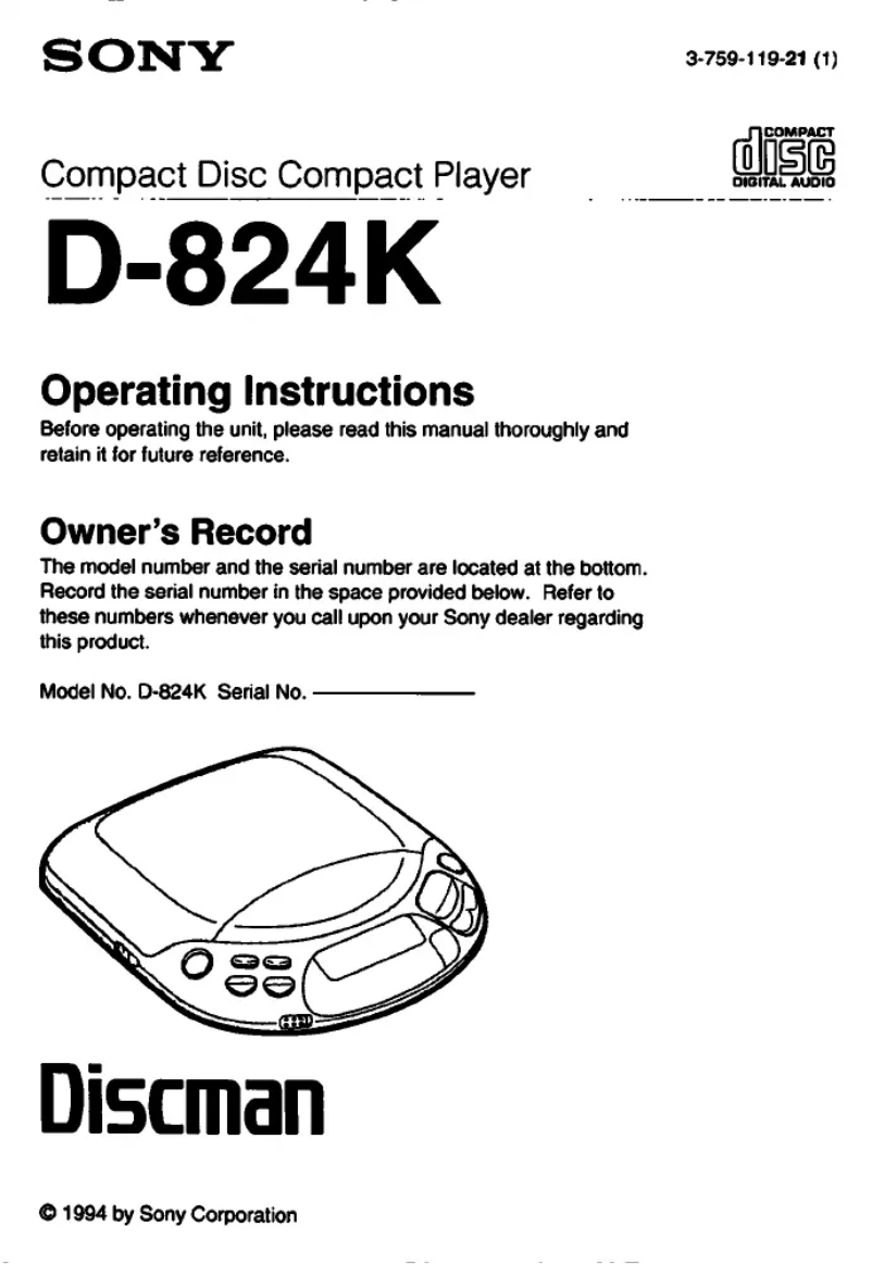 Page 1 de la notice Manuel utilisateur Sony Discman D-824K