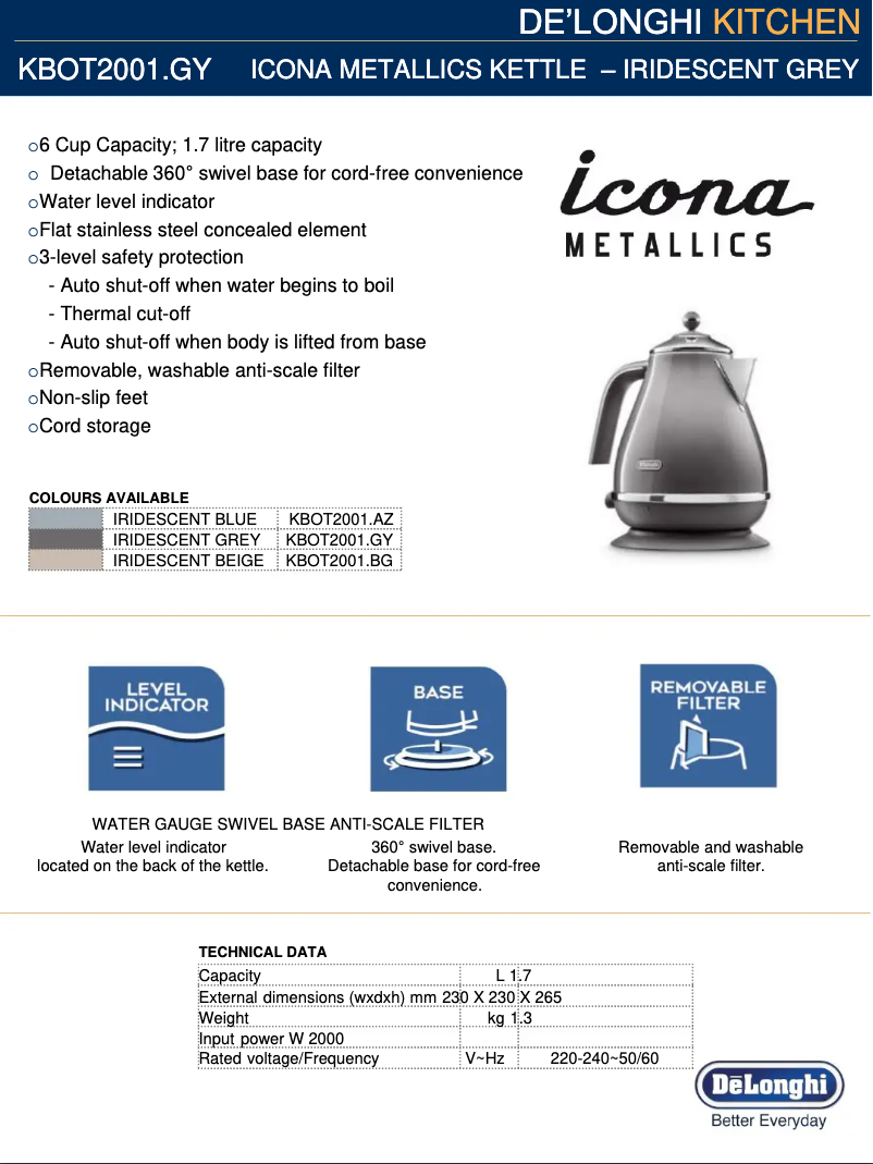 Page 1 de la notice Fiche technique DeLonghi Icona Metallics KBOT2001