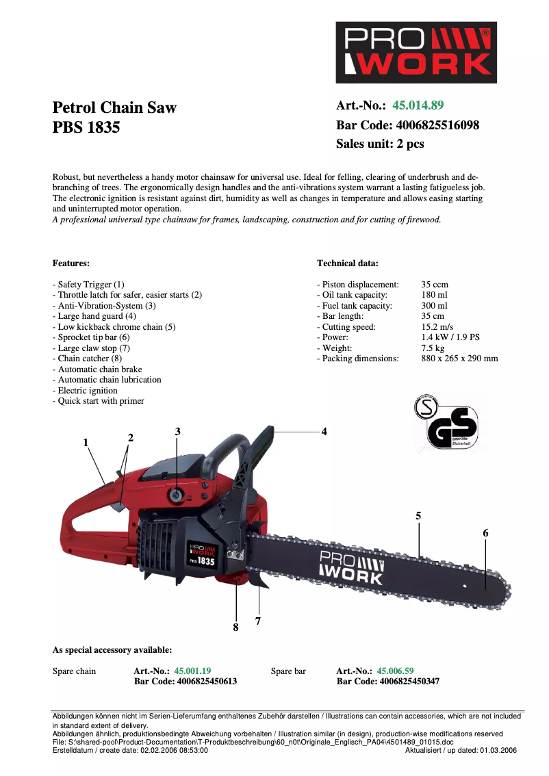 Page 1 de la notice Manuel utilisateur Prowork PBS 1835
