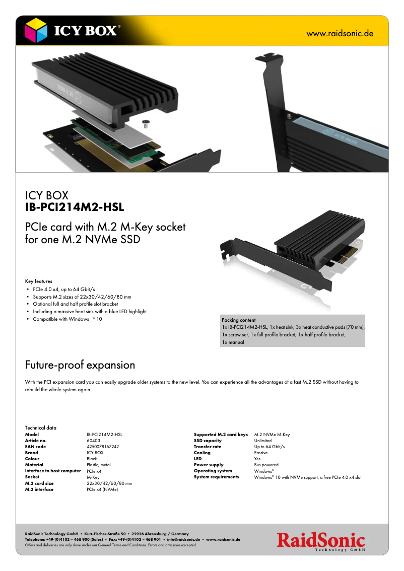 Page 1 de la notice Fiche technique Icy Box IB-PCI214M2-HSL
