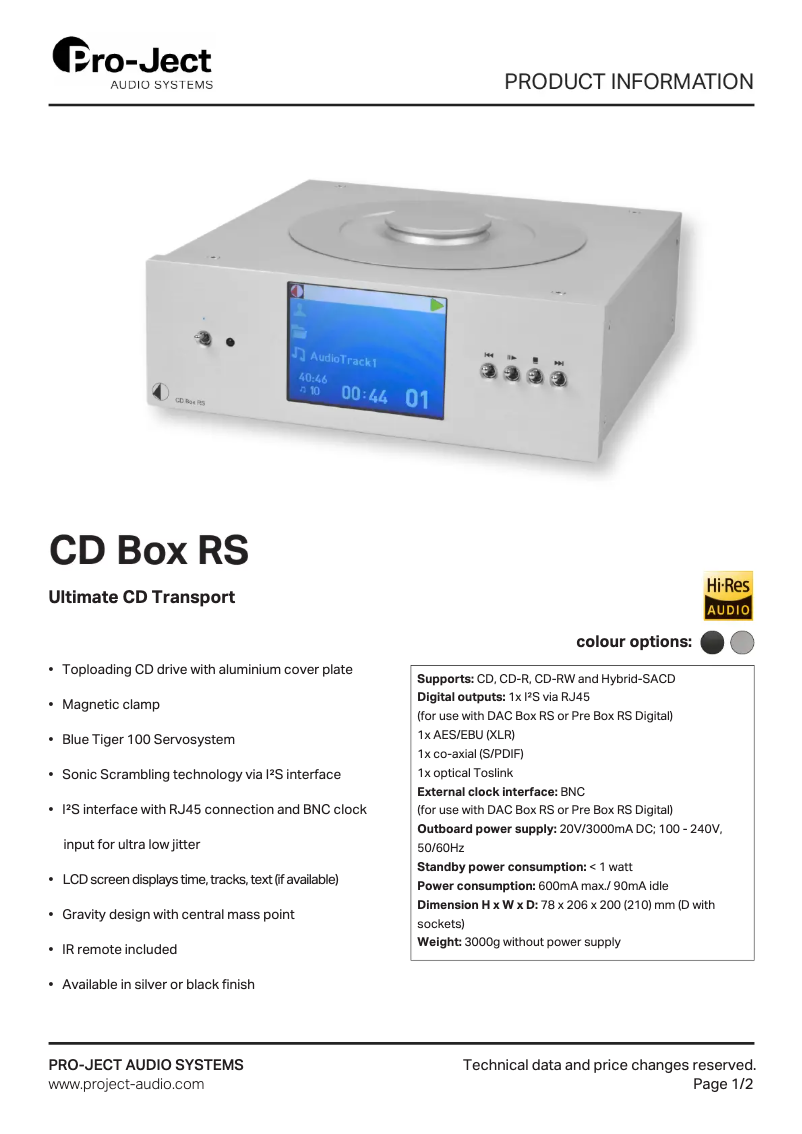 Page 1 de la notice Fiche technique Pro-Ject CD Box RS