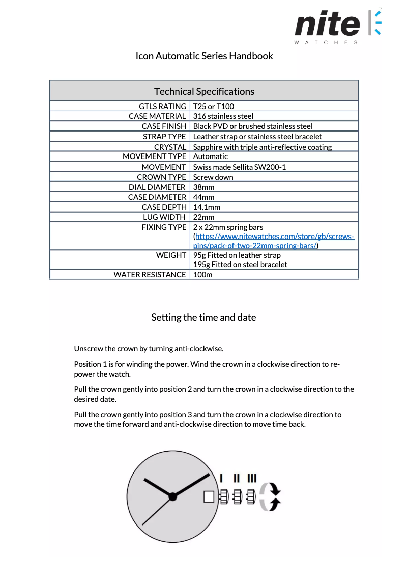Page 1 de la notice Manuel utilisateur Nite Icon-208 Green T100 Automatic