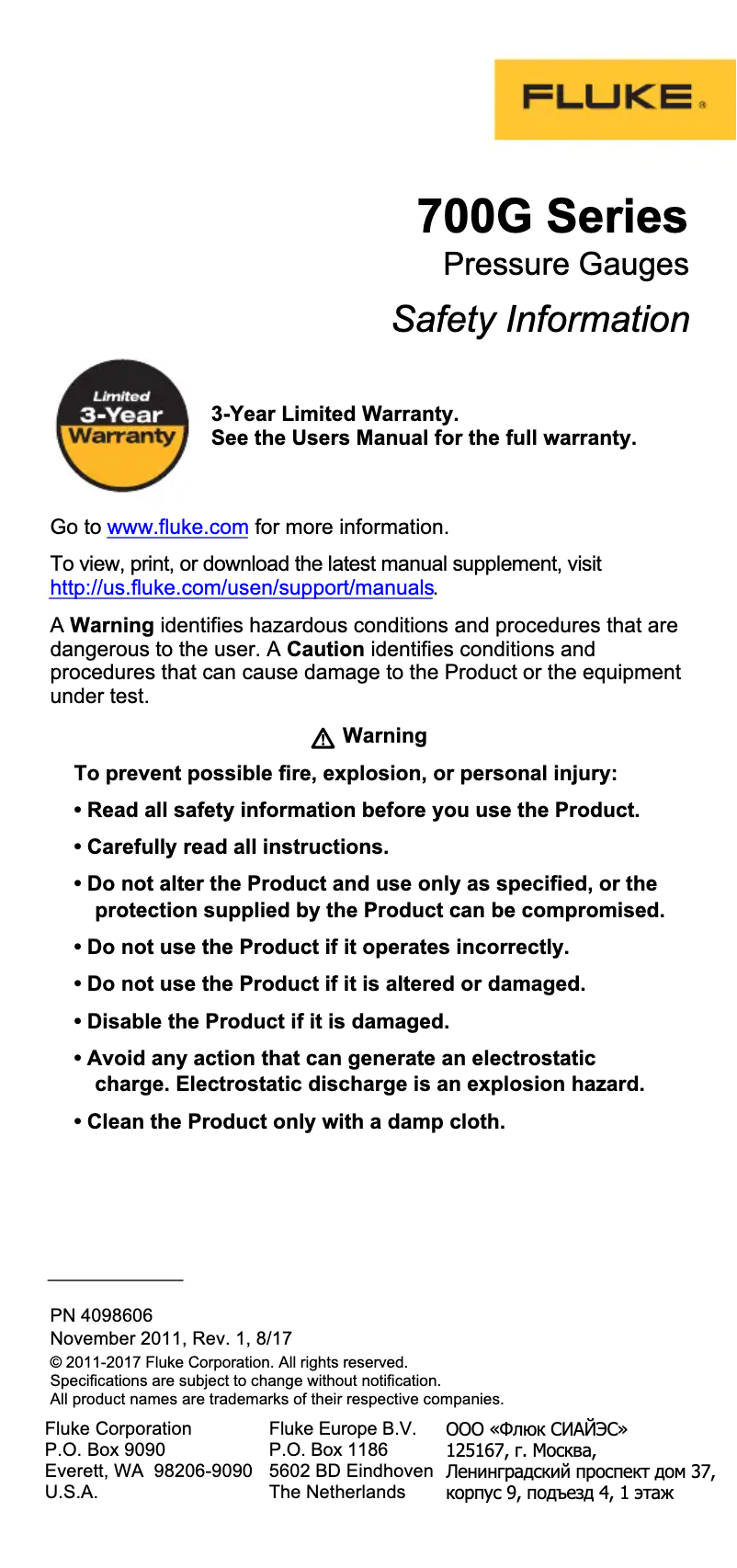 Page 1 de la notice Instructions de sécurité Fluke 700G