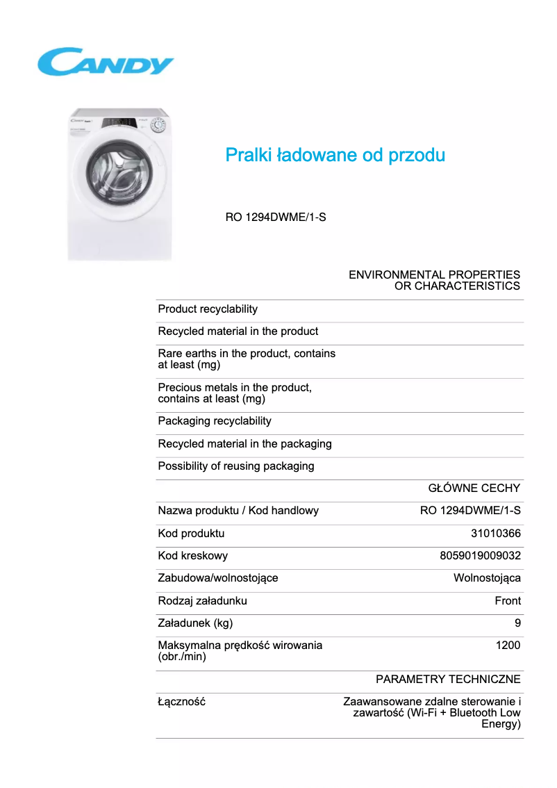 Page 1 de la notice Fiche technique Candy RO 1294DWME/1-S