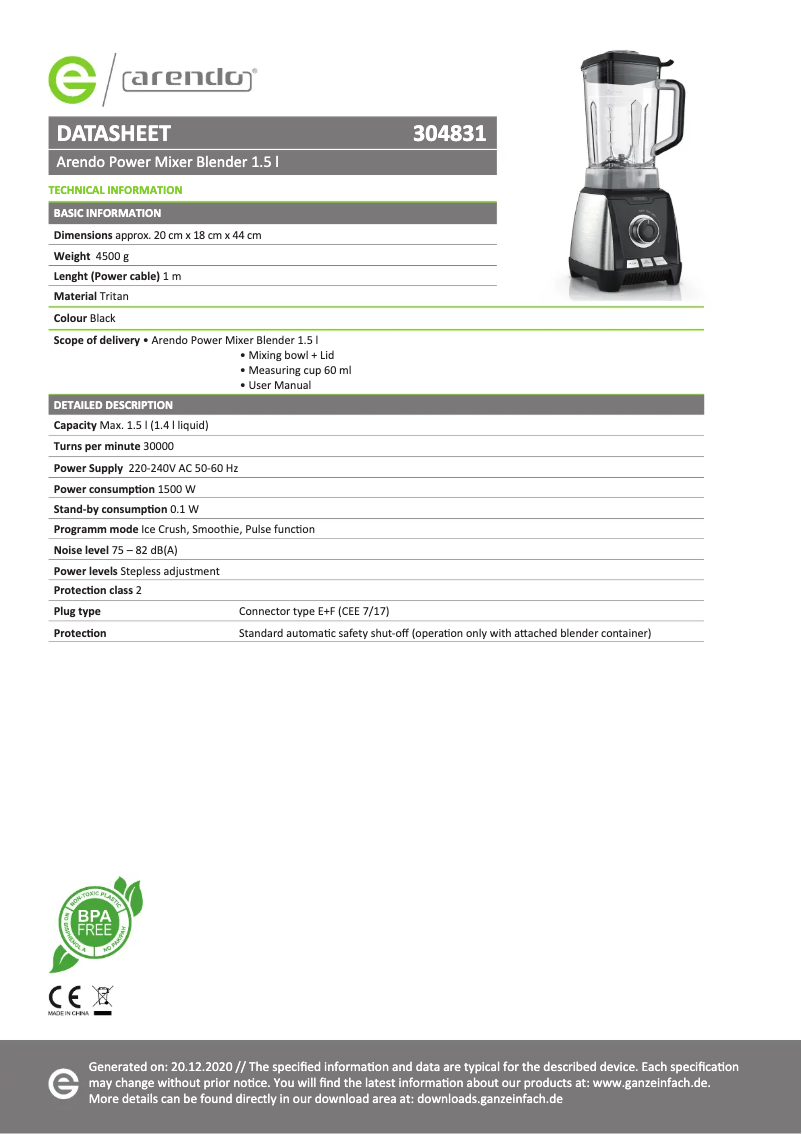 Page 1 de la notice Fiche technique Arendo 304831