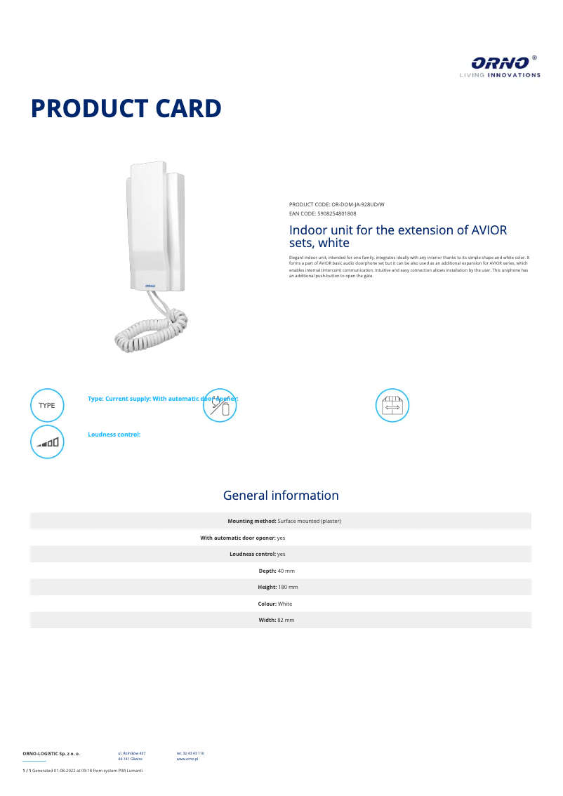 Page 1 de la notice Manuel utilisateur ORNO OR-DOM-JA-928UD/W