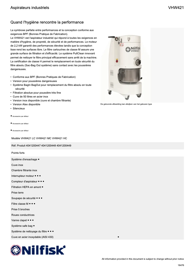 Page n°1 - Fiche technique Nilfisk VHW421