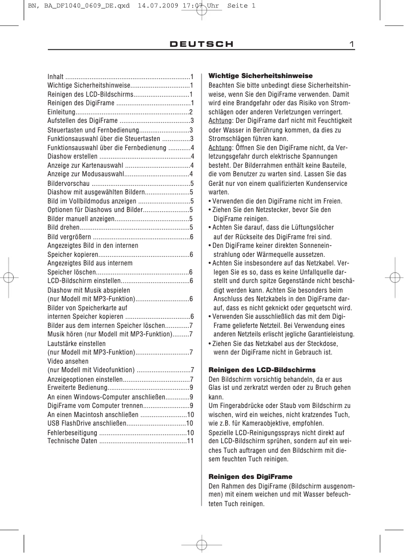 Page 1 de la notice Manuel utilisateur Braun DigiFrame 1040