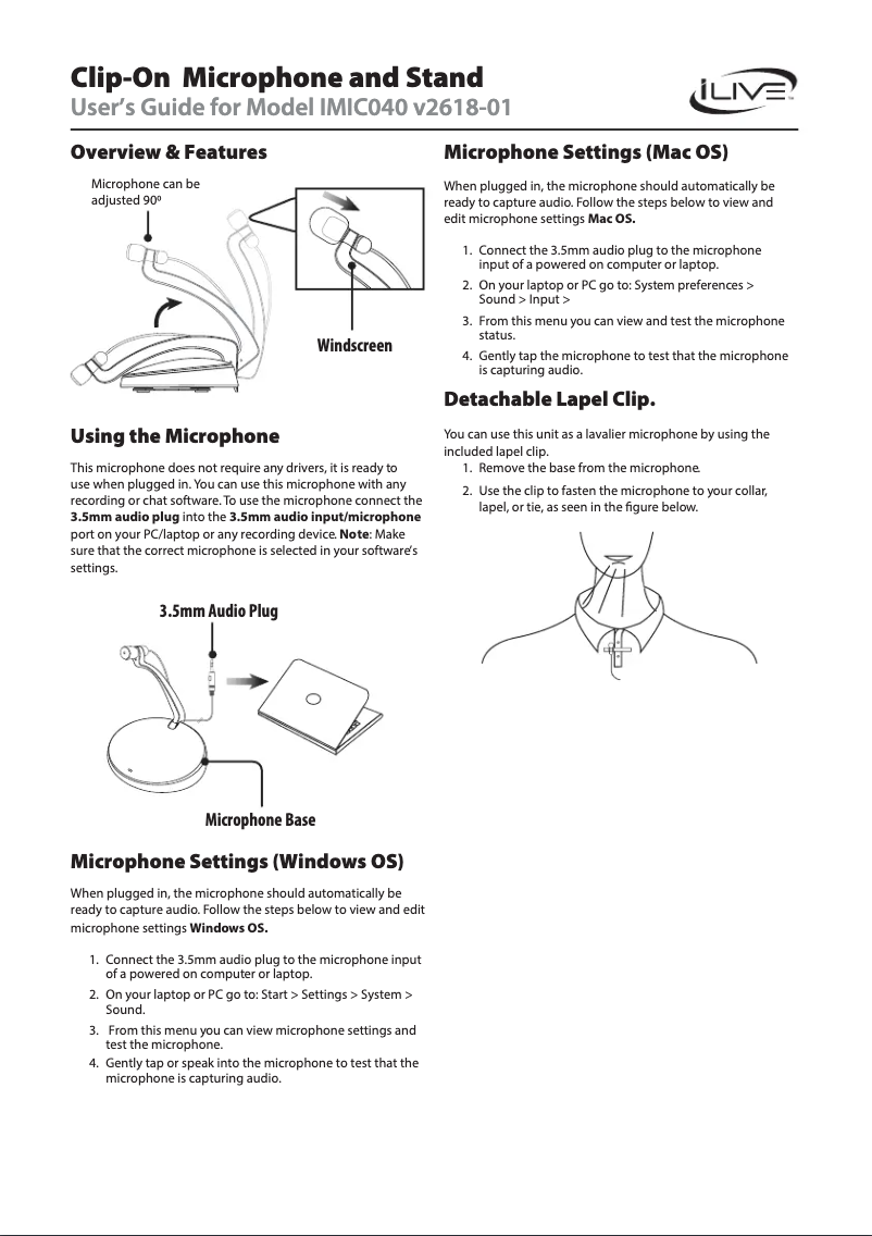 Page n°1 - Manuel utilisateur iLive IMIC040