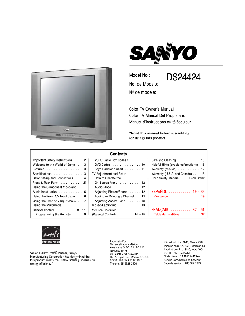 Page n°1 - Manuel utilisateur Sanyo DS24424