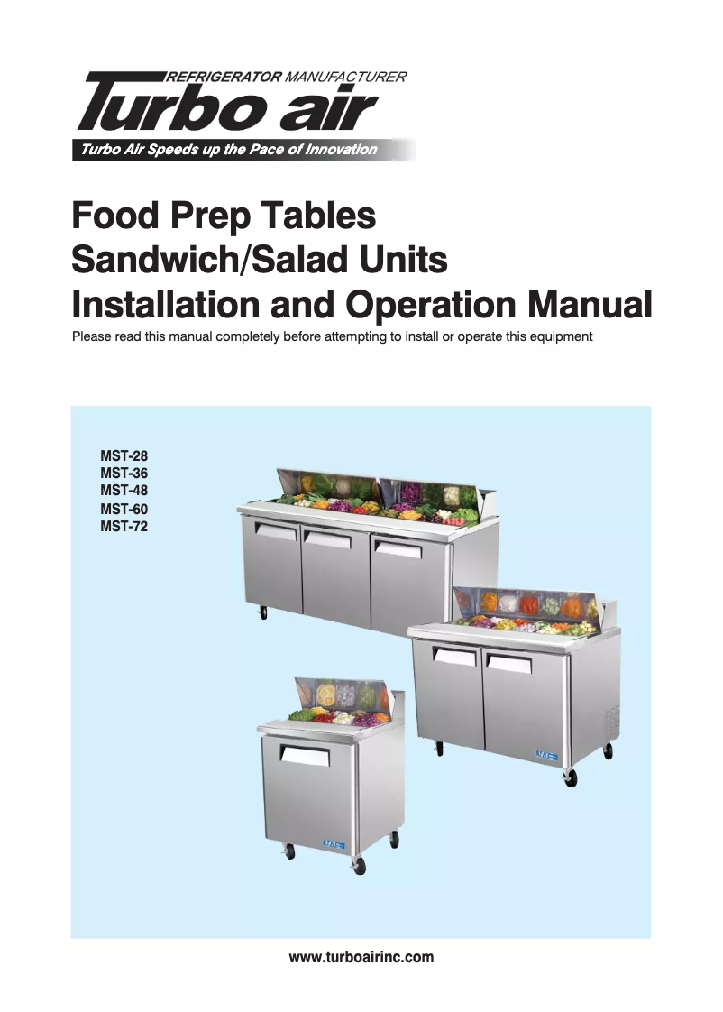 Page 1 de la notice Manuel d'utilisation et d'entretien Turbo air MST-48