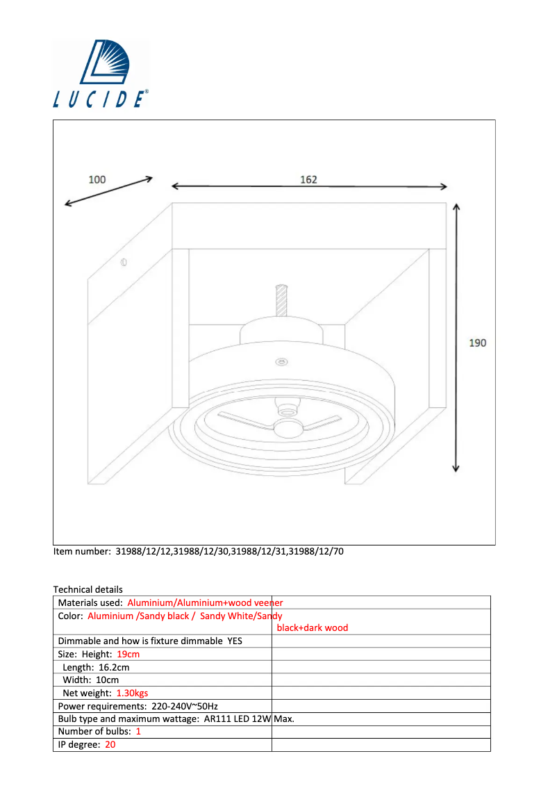 Page 1 de la notice Manuel utilisateur Lucide Zett 31988/12/70