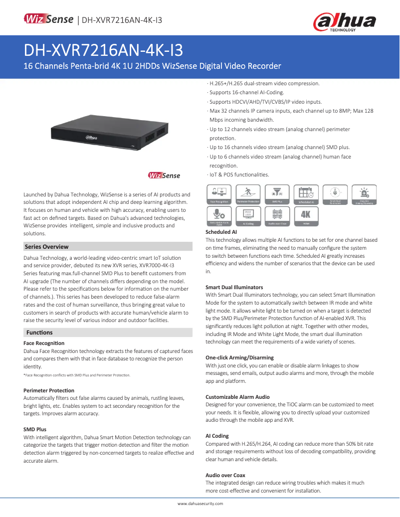 Page 1 de la notice Fiche technique Dahua Technology XVR7216AN-4K-I3