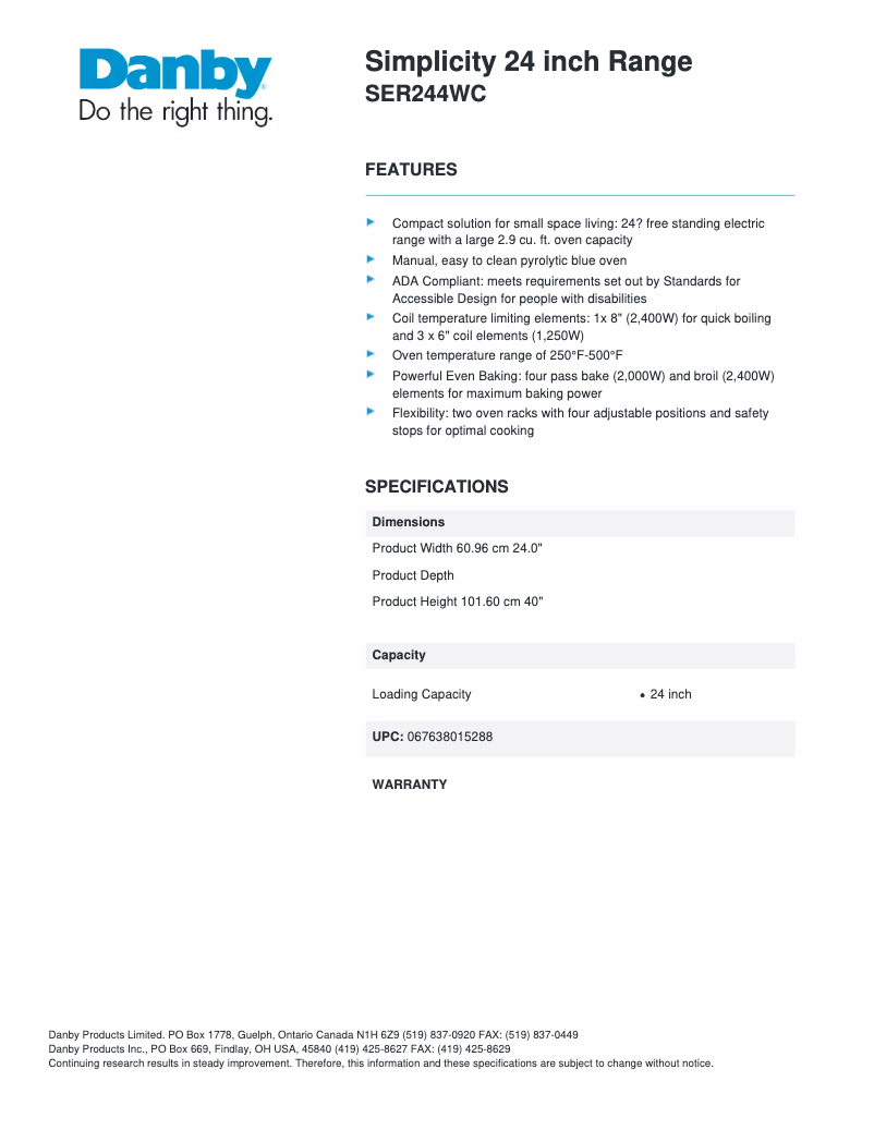 Page 1 de la notice Manuel utilisateur Danby SER244WC