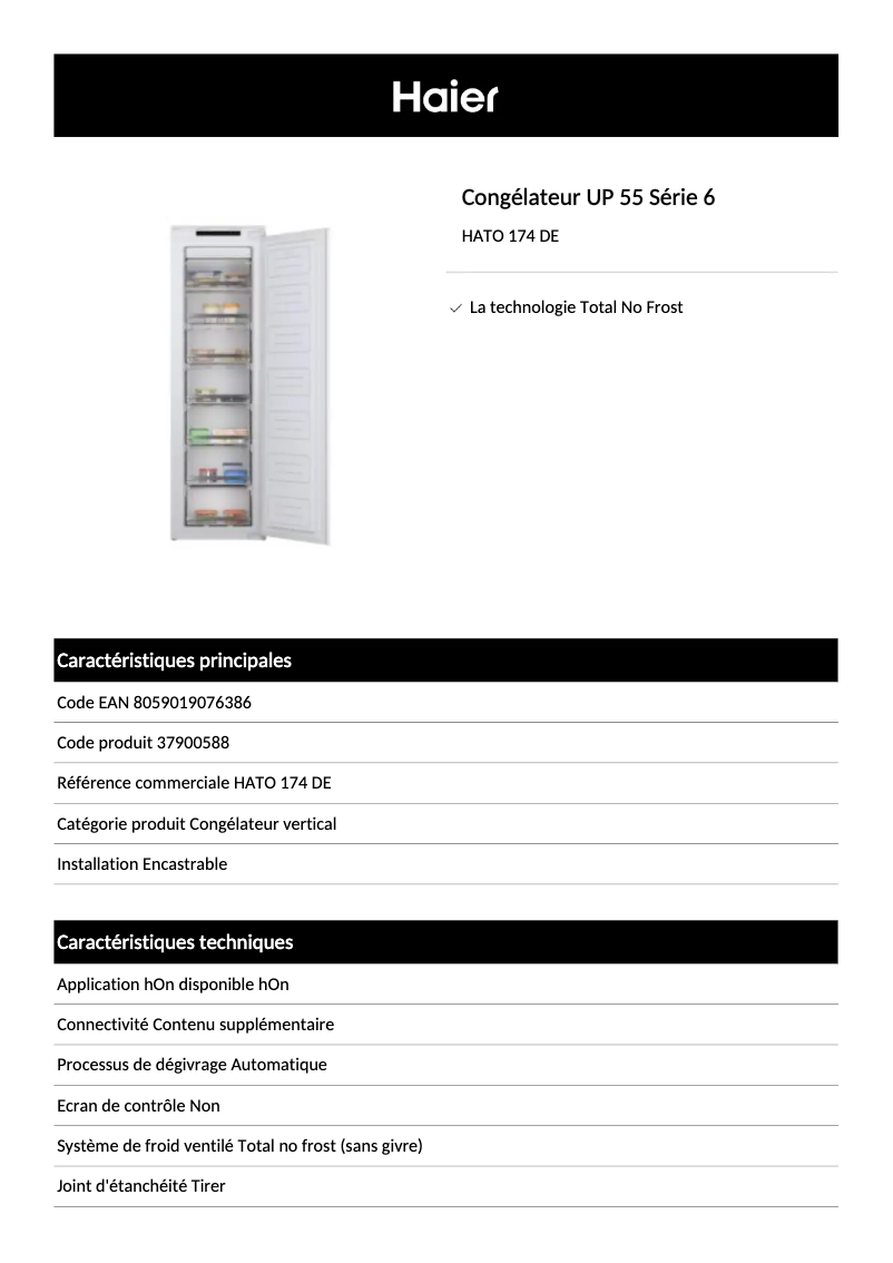 Page 1 de la notice Fiche technique Haier HATO 174 DE