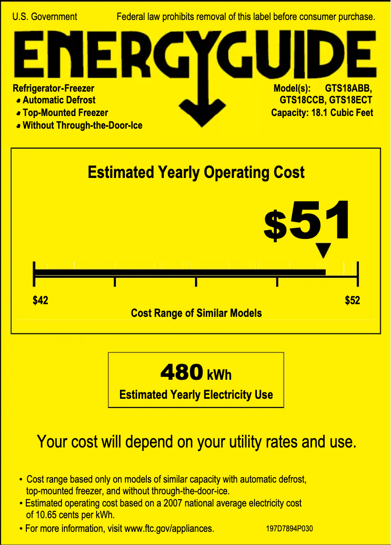 Page n°1 - Label énergétique GE GTS18CCBRWW