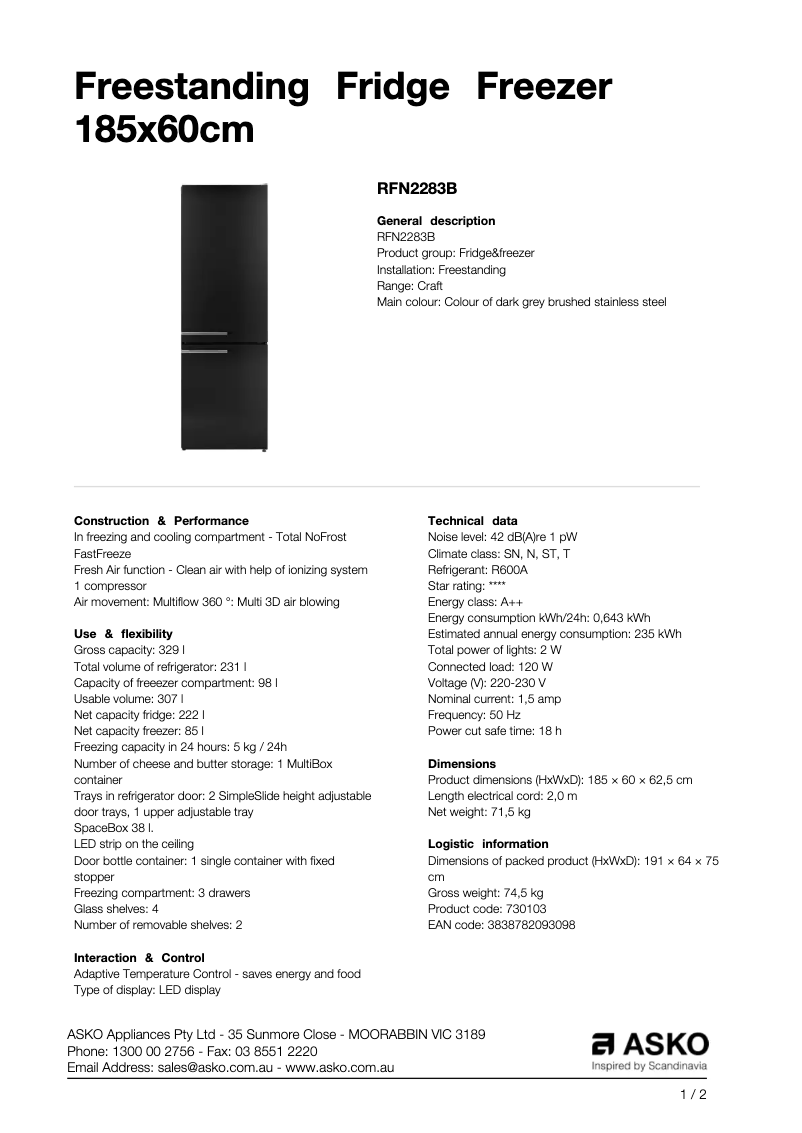 Page 1 de la notice Fiche technique Asko RFN2283B