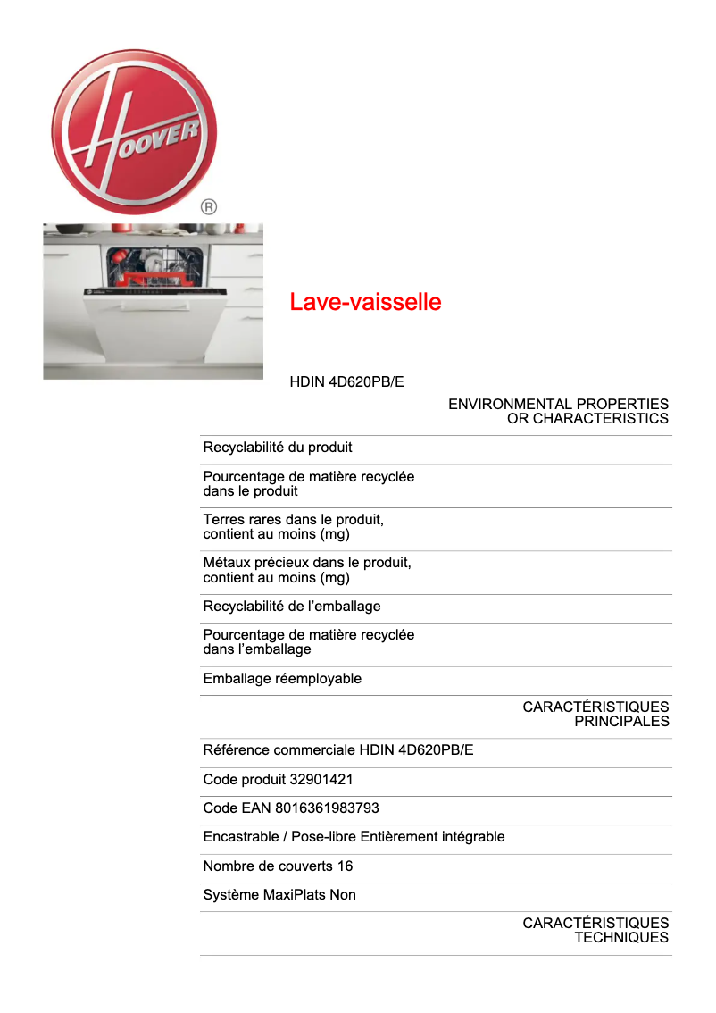 Page 1 de la notice Fiche technique Hoover HDIN 4D620PB/E