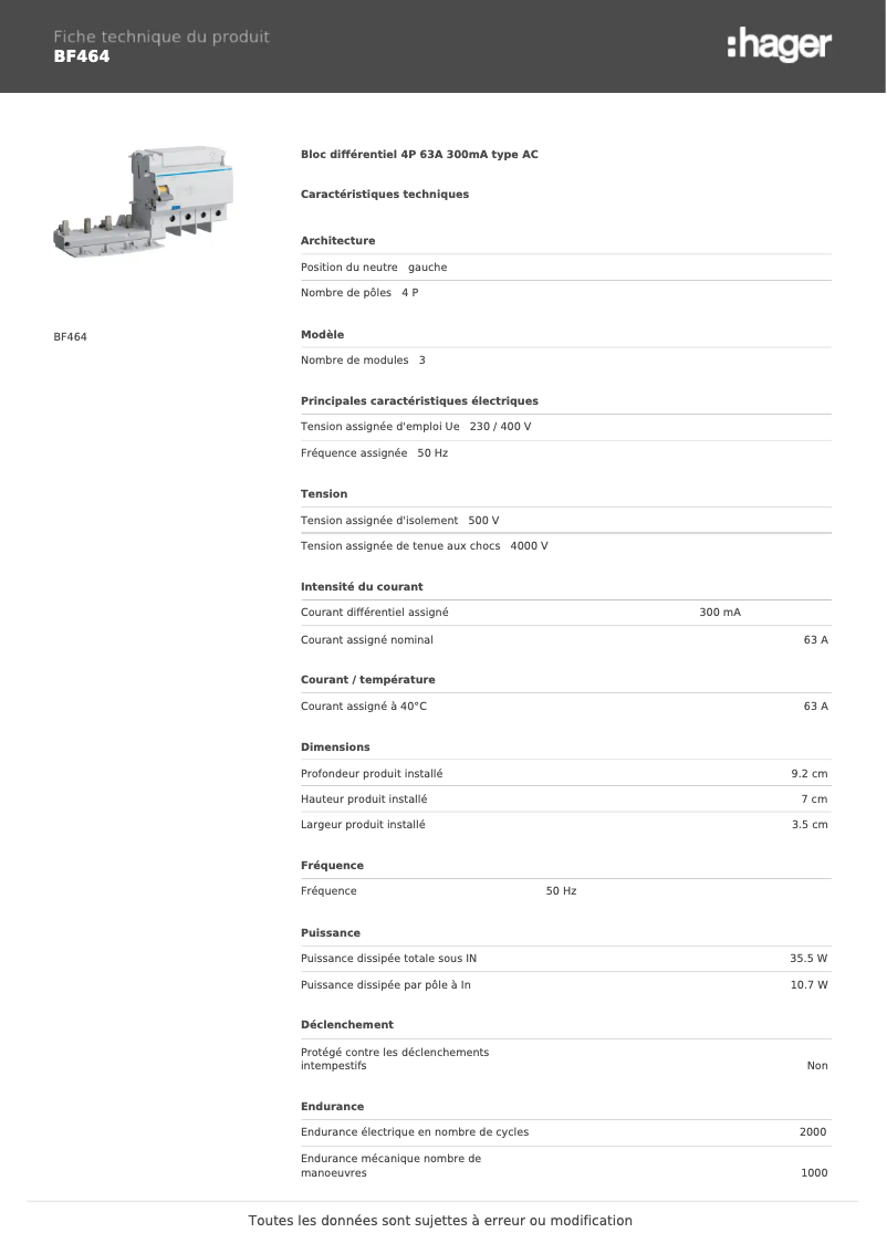 Page 1 de la notice Fiche technique Hager BF464