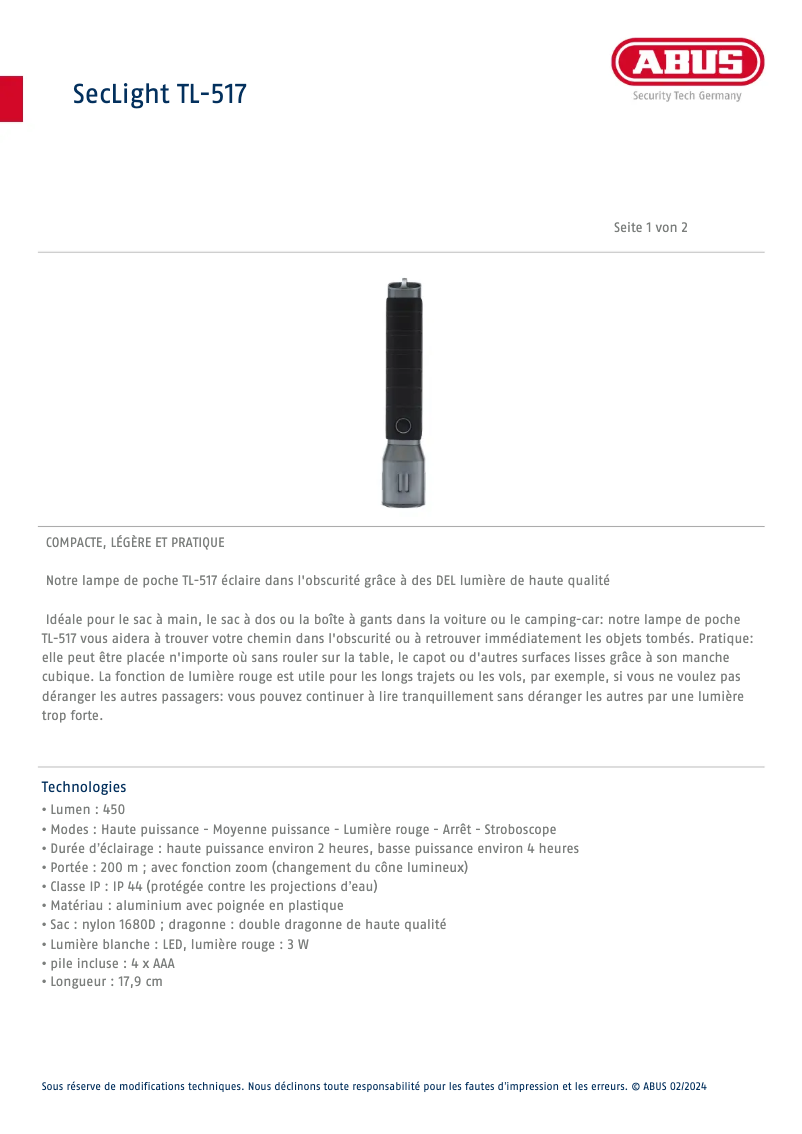 Page 1 de la notice Fiche technique Abus TL-517