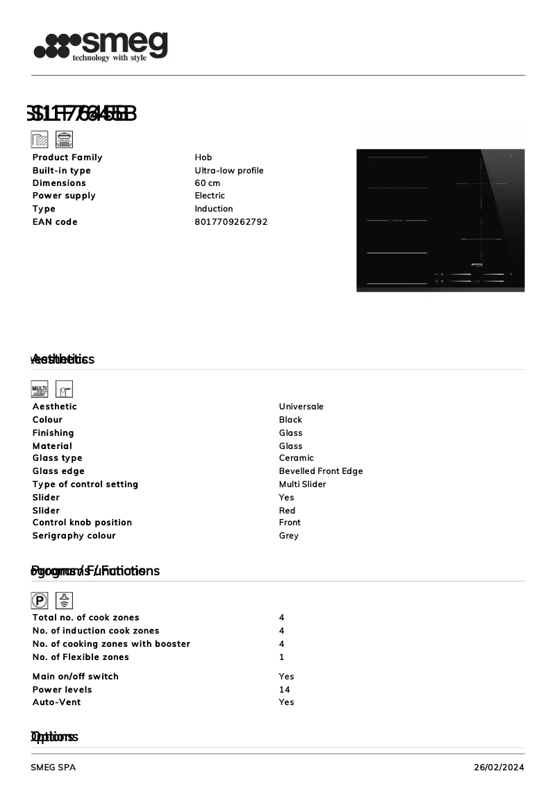 Page 1 de la notice Fiche technique Smeg SI1F7645B