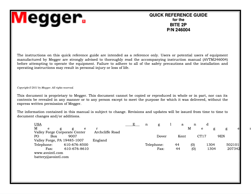 Page n°1 - Guide de démarrage rapide Megger BITE 2