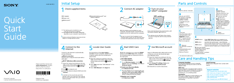 Page 1 de la notice Guide d'installation Sony Vaio SVS1512GPXB