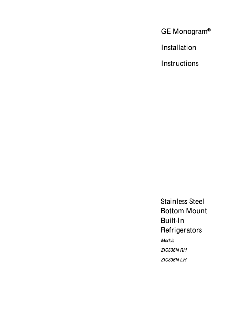 Page n°1 - Guide d'installation GE ZICS36NALH